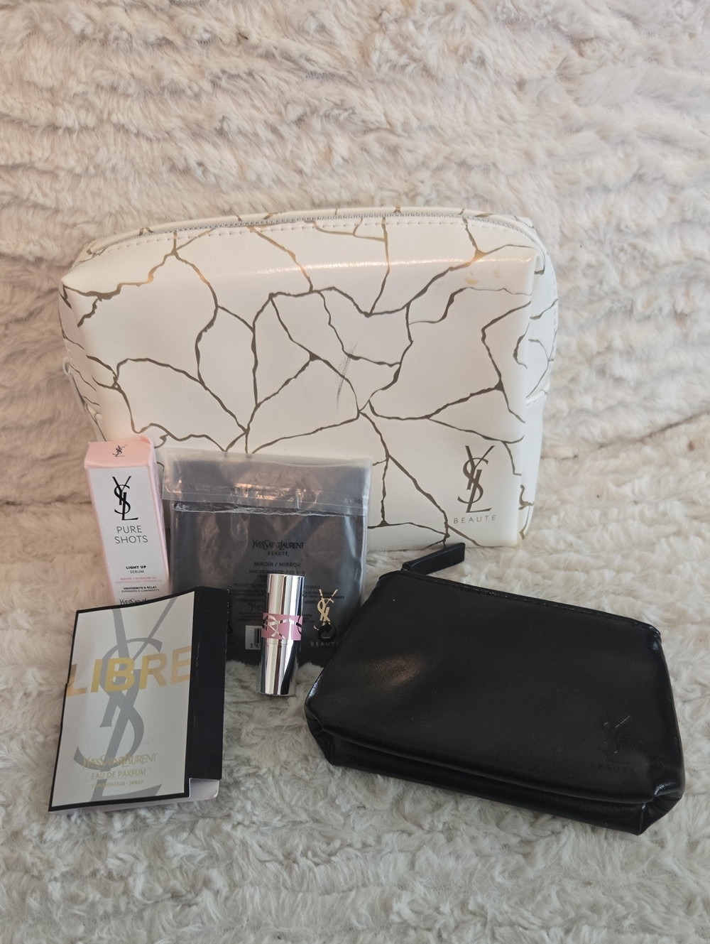 Beauty Yves Saint Laurent White Marble Black Cosmetic Pouches Set With Mirror
